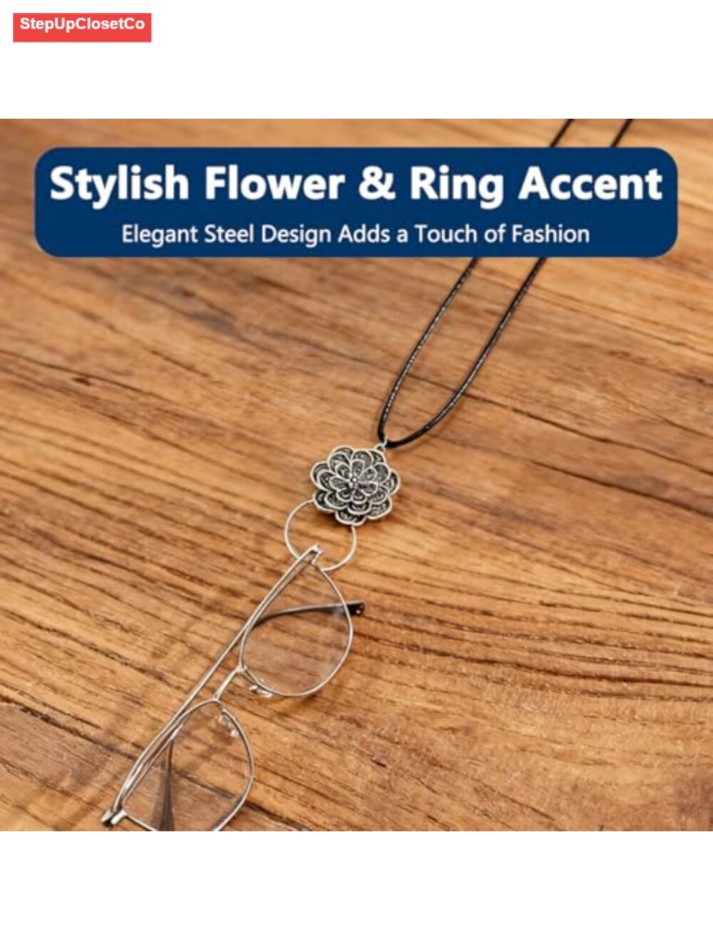 Eyeglass Necklace Holder Leather Strap with Flower Ring Sunglass Chain for Women - Picture 4 of 6